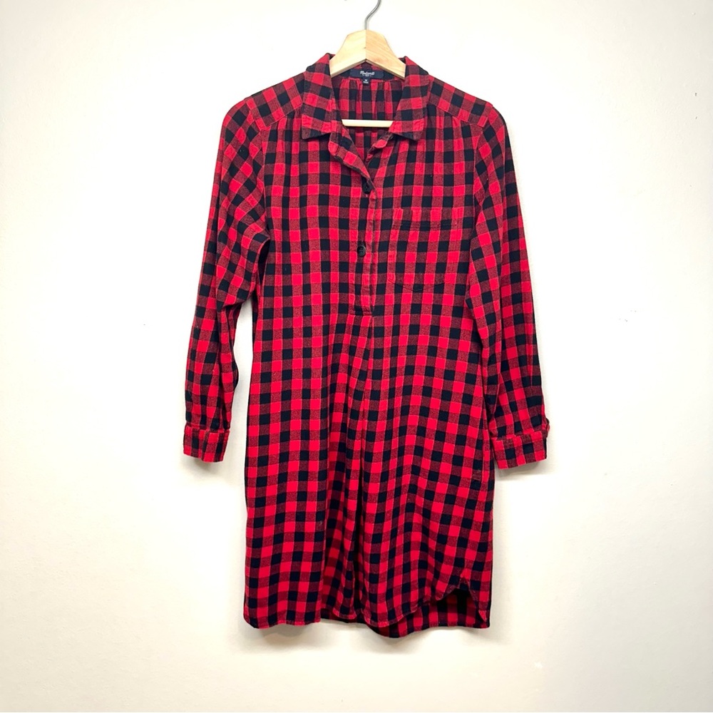 Madewell 1937 Latitude Tunic Buffalo Check Shirt Dress Plaid Red Black Size M
